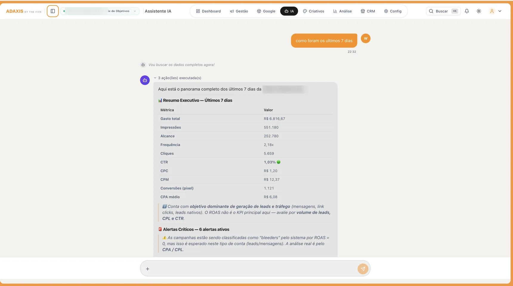 Agente de IA do ADAXIS respondendo um briefing dos últimos 7 dias e executando 3 ações na conta.